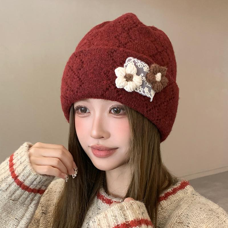 Autumn and winter warm ear protection double-layer flanged pullover wool hat female sweet literary lace handmade flower knitted hat