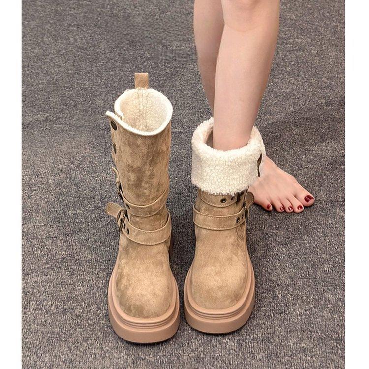 Thick-soled Shoes, Height-increasing Boots, Women's Fleece Warm Boots, Versatile and Retro Ankle Boots