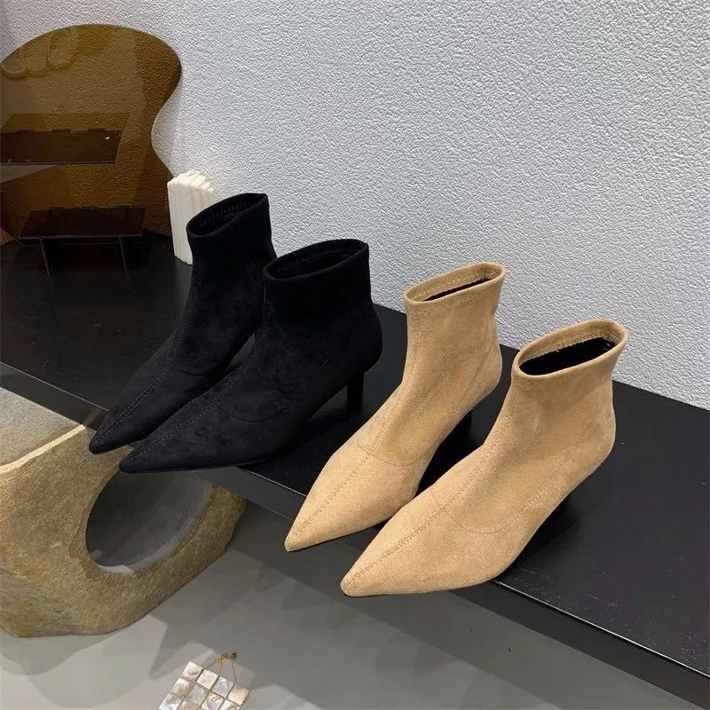 Fashion 2025High Quality Women's Shoes  Ankle Boots Fashion Stretch Fabric Solid Office and Career Sexy Pointed Toe Shoes for
