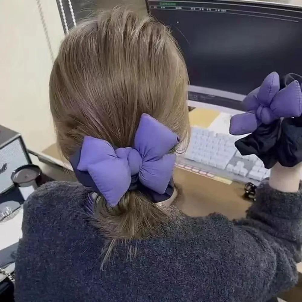 Oversize Black Bow Scrunchies Hair Ties Women Girls Solid Rubber Big Elastic Hair Bands Rope Ponytail Hair Accessories Winter