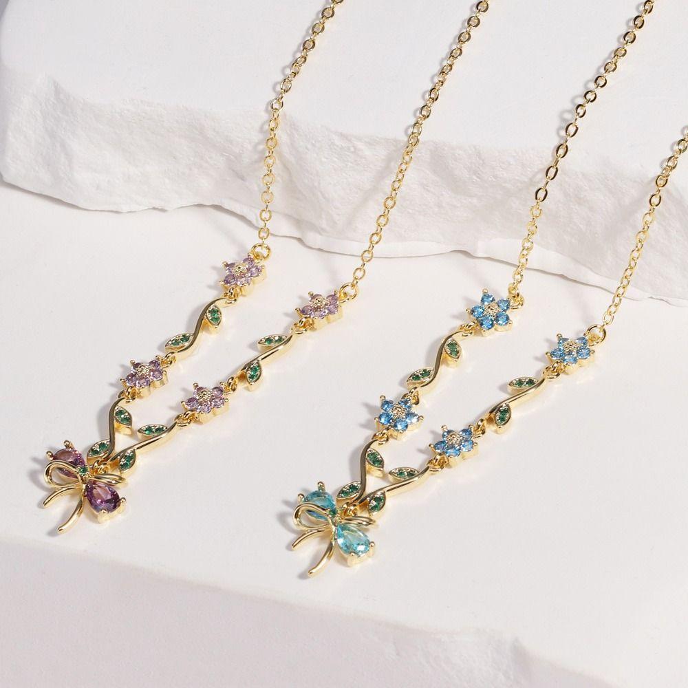 Flower Bow Necklace Pendant Shiny Pendant Chain Delicate Bowknot Rhinestone Necklace  Holiday