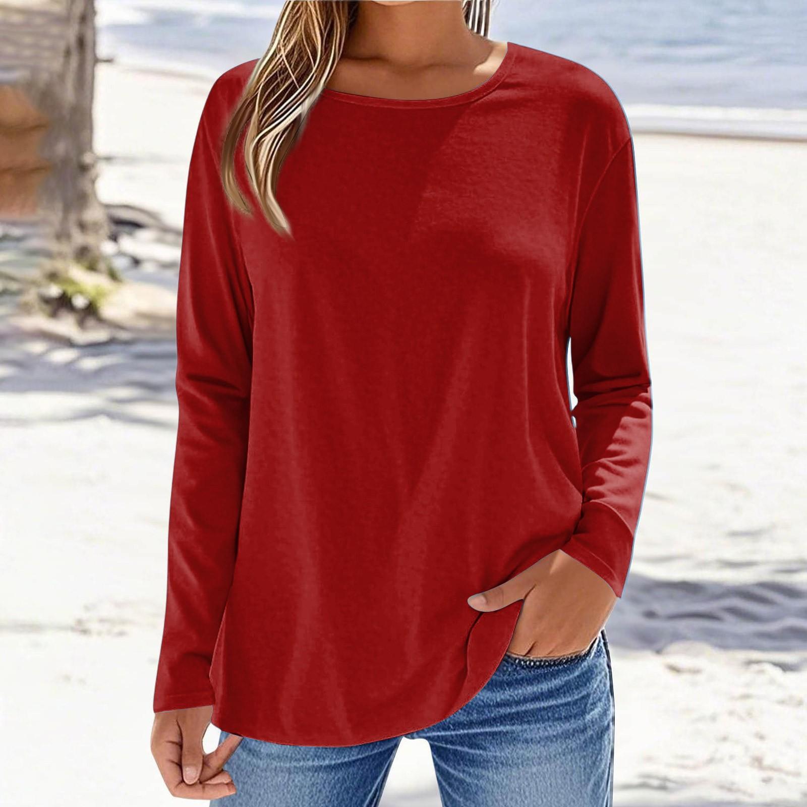 

Women s Fashionable Casual Solid Color Long Sleeved Round Neck Top Round Neck Top L червоний