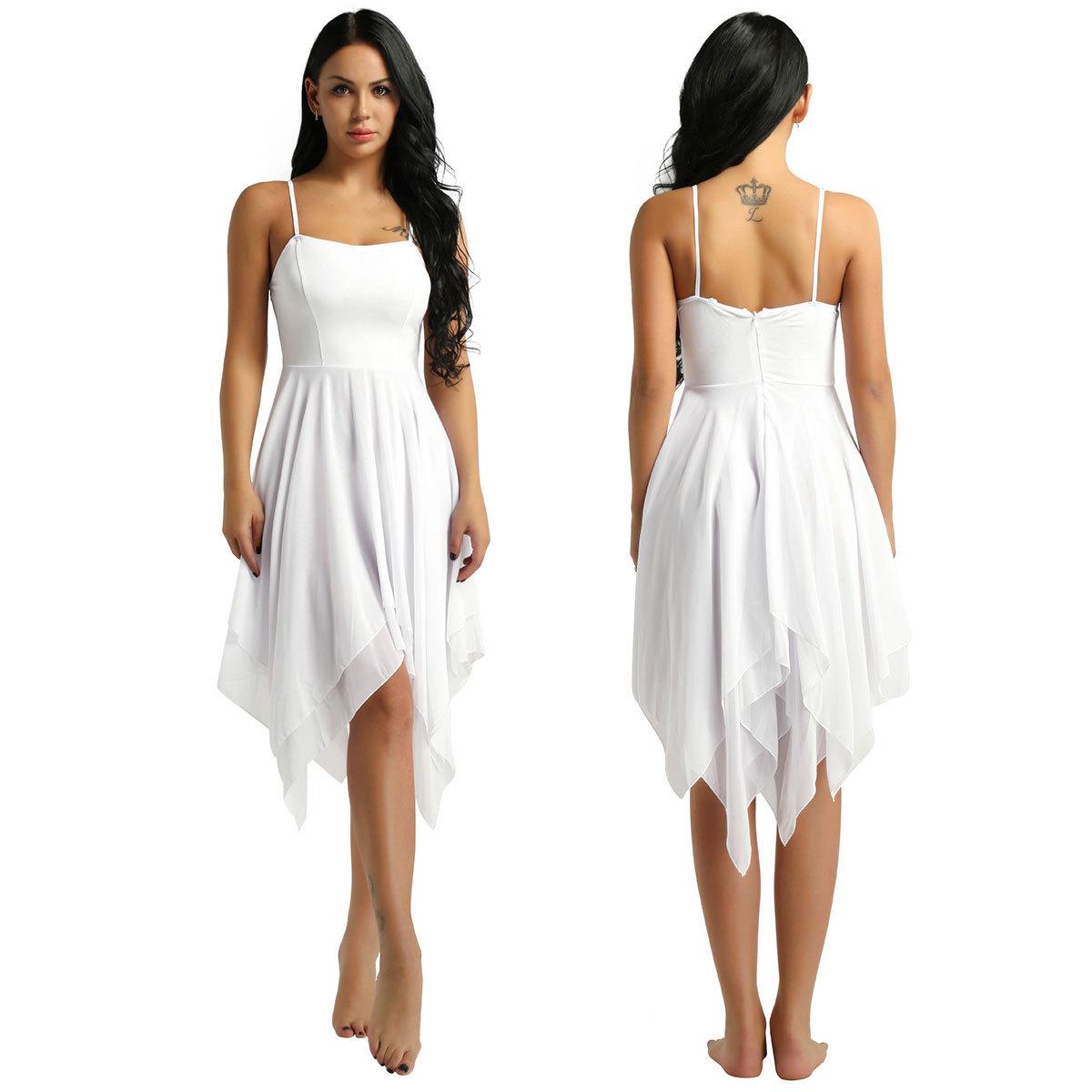 Fldy Lyrisch danskostuum voor dames, asymmetrisch chiffon, modern balletjurk, ballroomdanskleding XL wit