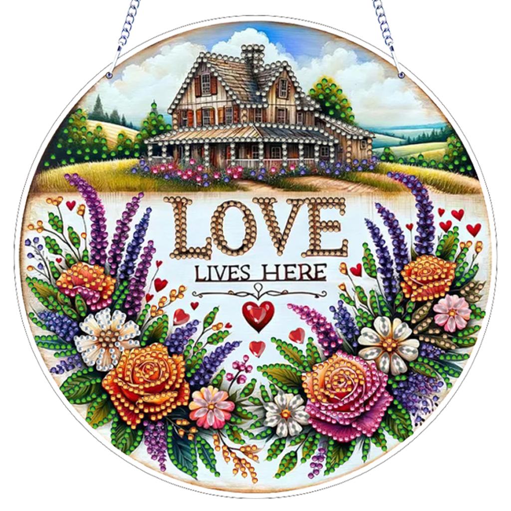 Haus Blume DIY 2D Flach Acryl Diamantmalerei Hängender Anhänger Doppelseitiger Diamant 24cm für Erwachsene Fenster Wand Dekor