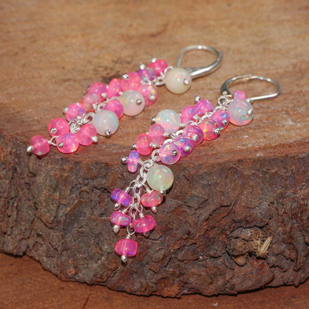 AAA Ethiopian White and Pink Opal Beads Cluster Earring, MultiFire Opal Round Beads Earring, Opal Smooth Earring for Women, Delicate Earring