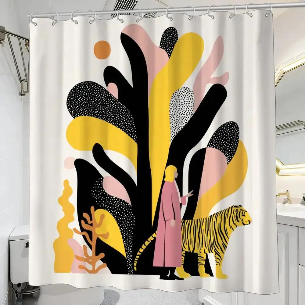 

Abstract Tiger & Botanical Shower Curtain – Modern Illustration, Pink Coat Figure, 12 Hooks, 70.87×70.87 Waterproof Bath Decor W60H190(CM)-1 Pcs