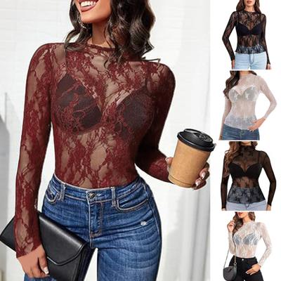Damen Tops Stehkragen Langarm Slim Fit Blusen Sexy Durchsichtiges Mesh-Shirt mit Blumenstickerei