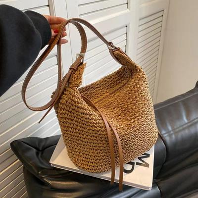 Bolsa de palha de grande capacidade, bolsa de verão, bolsa tote tecida à mão, design de luxo, bolsa feminina, estilo boêmio, bolsa de ombro transversal