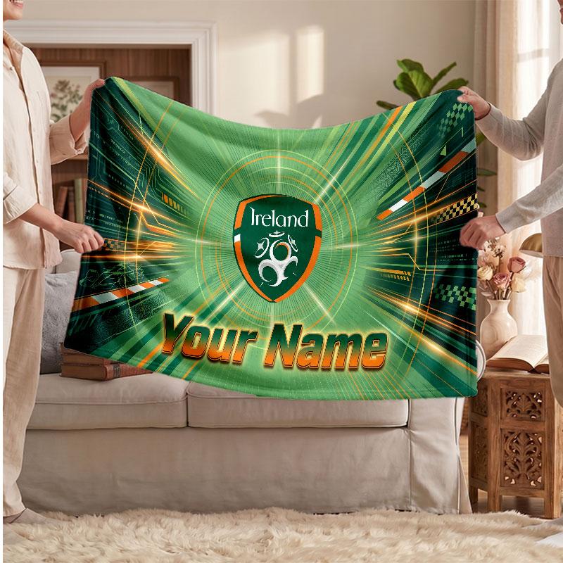 Ireland Rugby Flannel Blanket, Custom Name Text Personalized Soft Throw Blanket Home Decor Gift