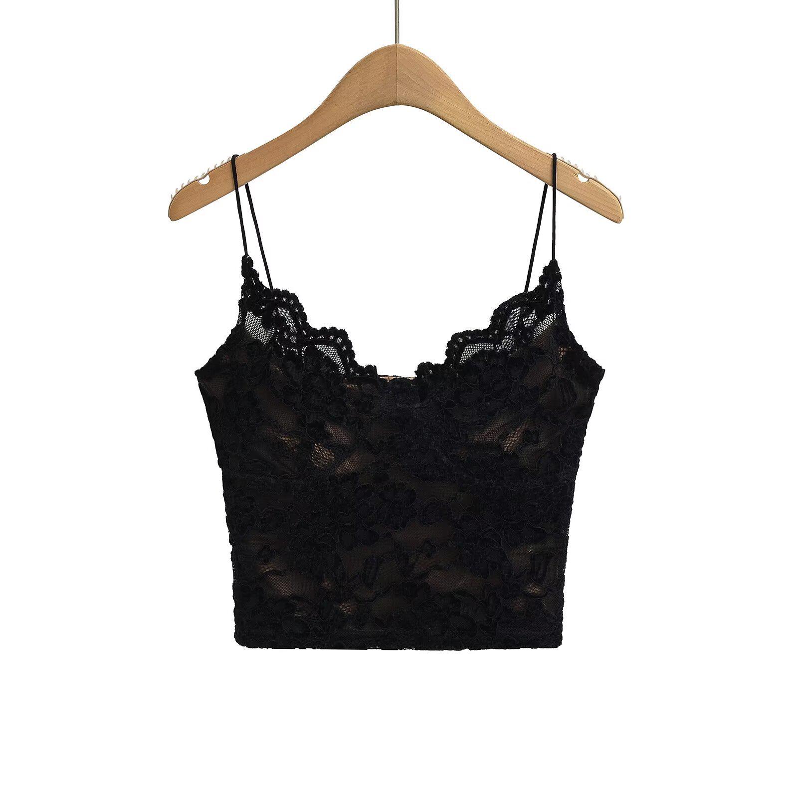 

2025 Spring/Summer Women s Slim Fit Double-Layer Lace Camisole with Chest Pads in Pure Desire Style Medium чорний