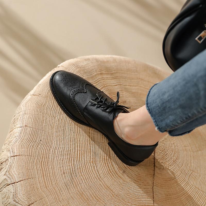 Fashion New Spring 2024 Genuine Leather Loafers Oxford Low Heel Women Shoes Retro Round Toe Pumps Block Leather Shoes Retro Ladies Shoes