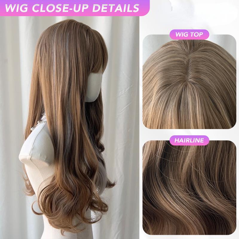 Brown Gray Curly Wave Wigs Air Bangs 22 Inch  Fiber Synthetic Heat-resistant Deep Wave Hair Natural Party or Selfie Korean Fashion