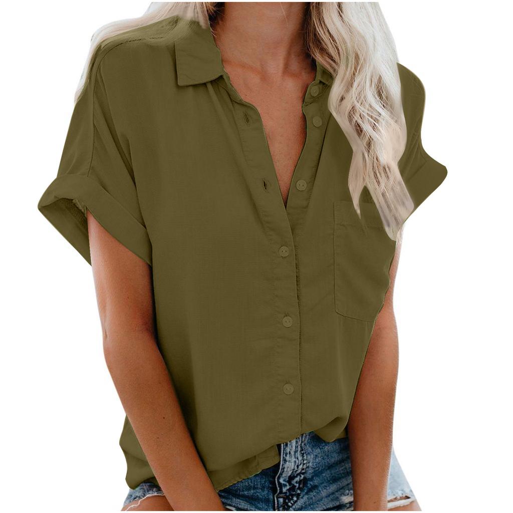 Women's Point Collar Short Sleeve Button Down Shirt Straight Fit Casual Summer Blouse