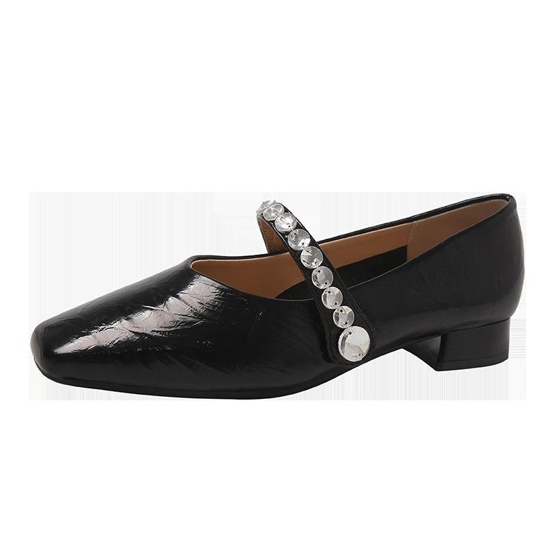 Neue Strass-Einwort-Einzelschuhe Damen quadratische Zehenpartie niedriger Absatz elegant glänzend vielseitige flache Schuhe Temperament Damenschuhe