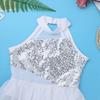 Girls Sleeveless Cutout Back Sequins Leotard Dress Modern Lyrical Ballet Jazz Latin Dance Irregular Hem Skirt