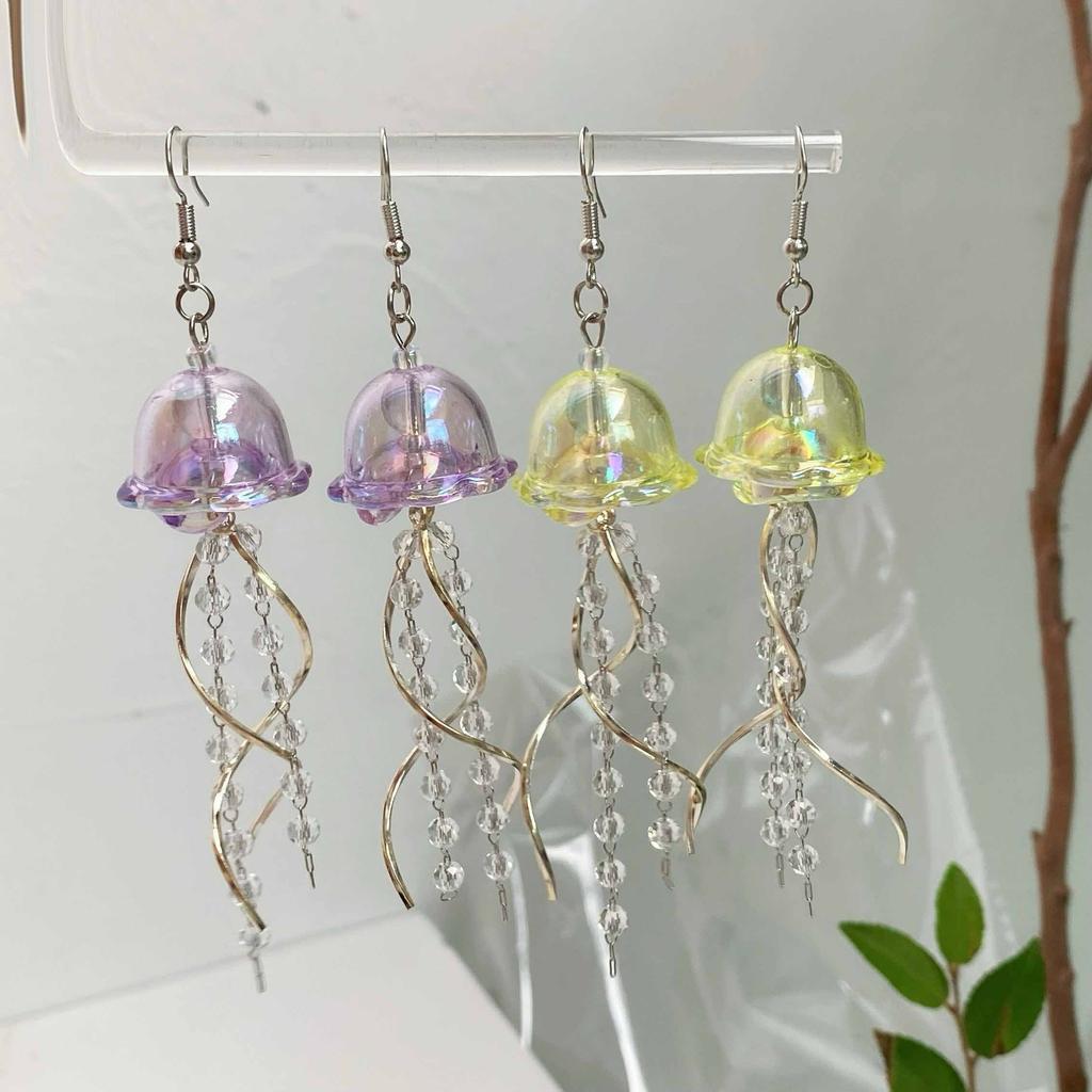 Transparent Iron Jellyfish Earrings Natural Stone Trendy S-Shaped Chain Tassel Hand-Crafted Beaded Design Cross-Border