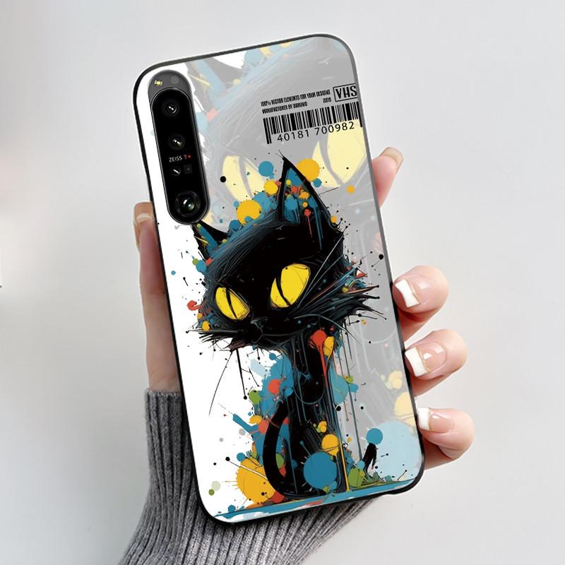 Cute Case For Sony Xperia 1 IV V II III Capa Coque Printing Shell Protective Cover Soft Silicone Cartoon Black Casing Fundas