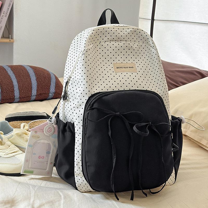 Schoolbag New Sweet Girl Backpack Korean Versatile Bow Polka Dot Versatile Light Commuter Bag Large Capacity School Bag