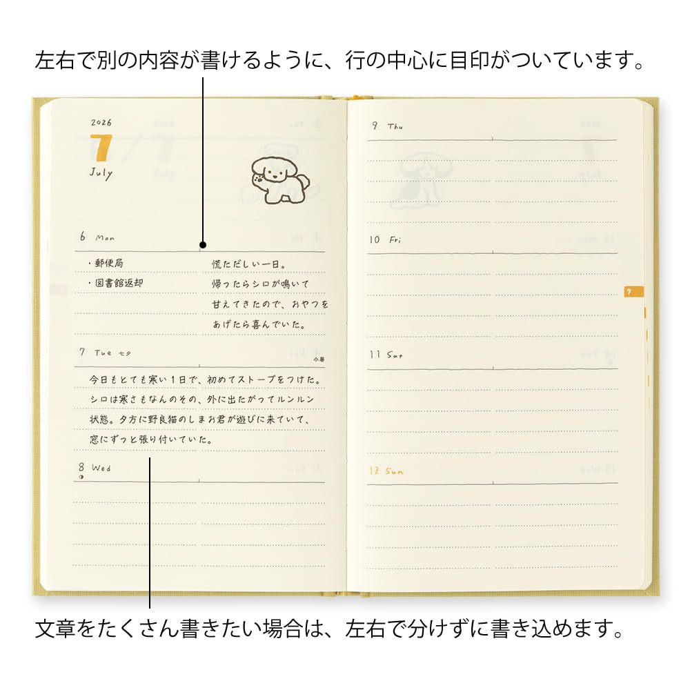 Midori Book-Style Diary, 2026, B6 Weekly, Dog Print, Yellow, 22379006 (Starts January 2026)