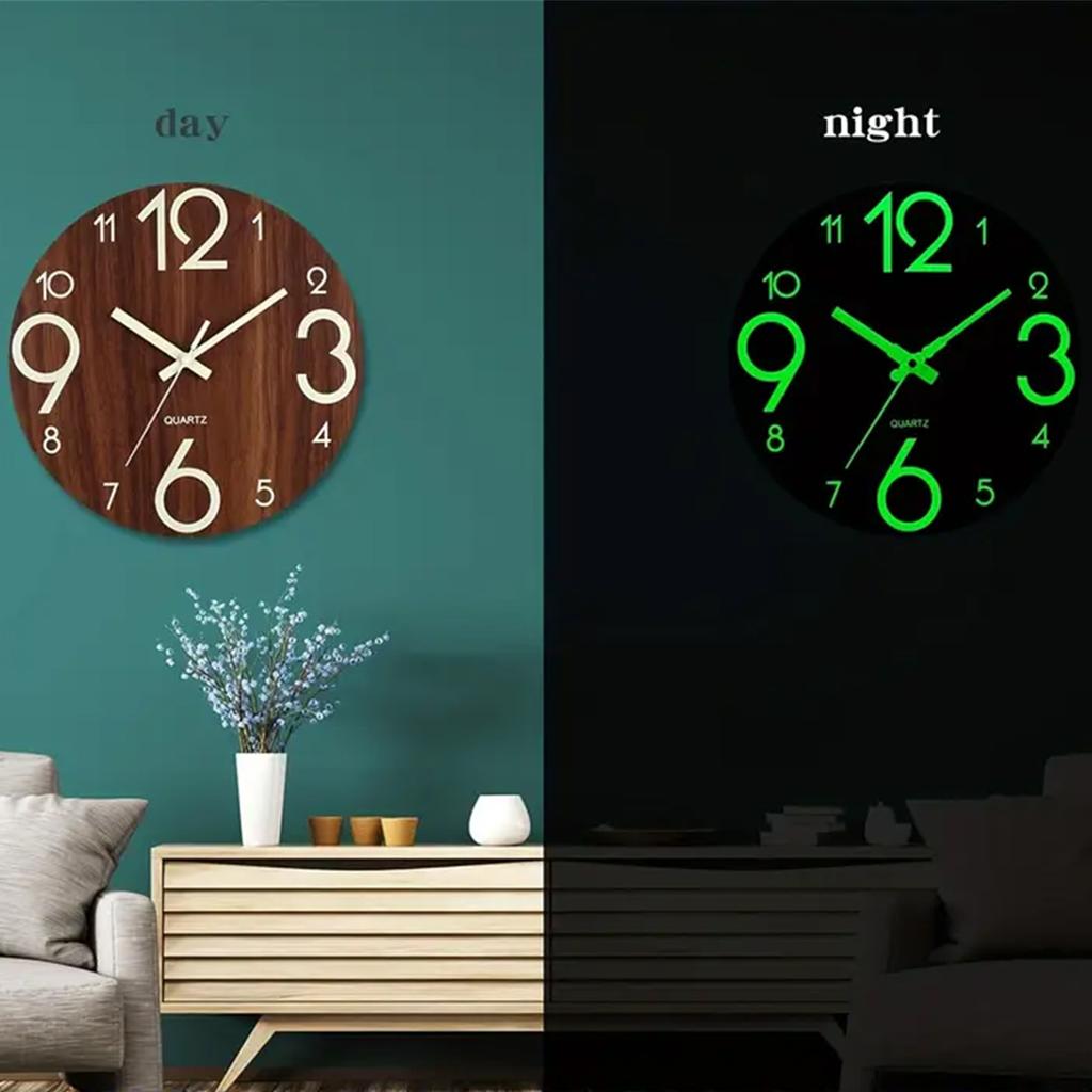 Wooden Simple Luminous Wall Clock 12 Inch Round Clock Durable Analog Clock for Living Room Bedroom Office Decor