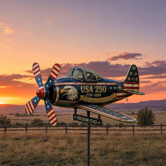 Yousheng USA 250th Vintage Plane Wind Spinner, 1776 2026 Patriotic Helicopter Windmill Stake with Spinning Propeller, 2D Outdoor Metal Airplane