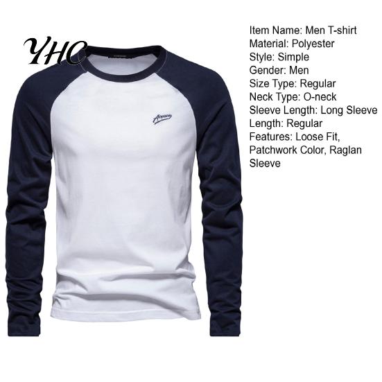 Long Sleeve Elastic Cuffs Top Men Raglan T-shirt O-Neck Patchwork Color Pullover Tops Loose Fit Breathable Casual Tees
