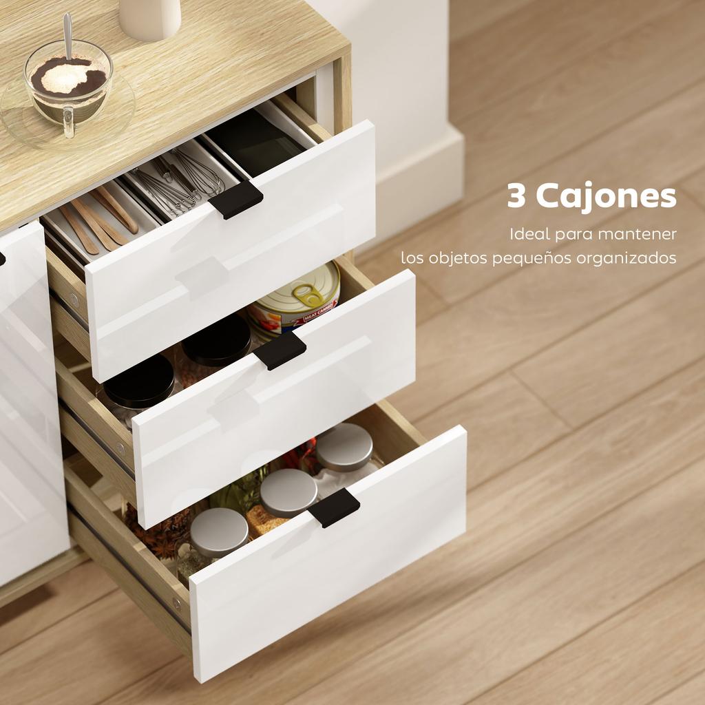 Sideboard, Door, 3 Drawers, Adjustable Shelf, 80 x 35 x 77 cm, White and Oak