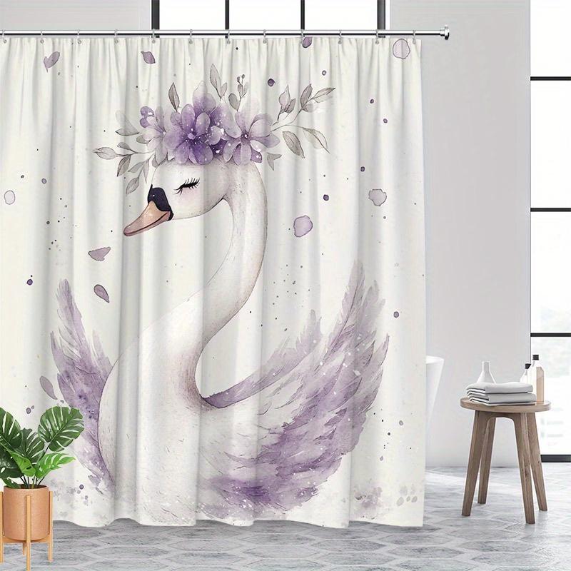 Digital Watercolor Swan & Lavender Shower Curtain – Soft Feathers, Romantic Design Polyester with Hooks