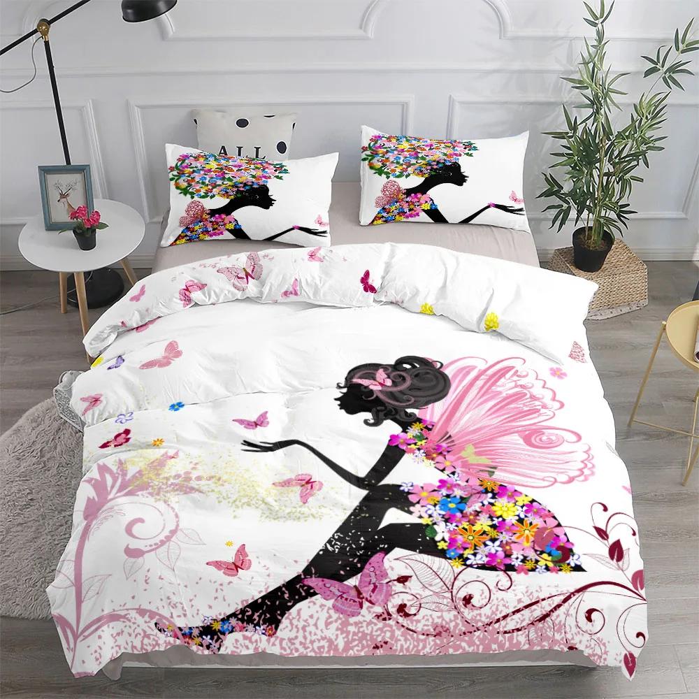 3pcs Neon Butterfly Girl Duvet Cover Set EU Single Double King US Twin Full Queen Size  Bed Linen Set Washed Cotton Duvet Cover