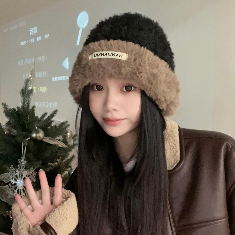 

Cute bear plush knitted hat children winter thickened warm pullover hat outdoor soft waxy student cold hat One Size