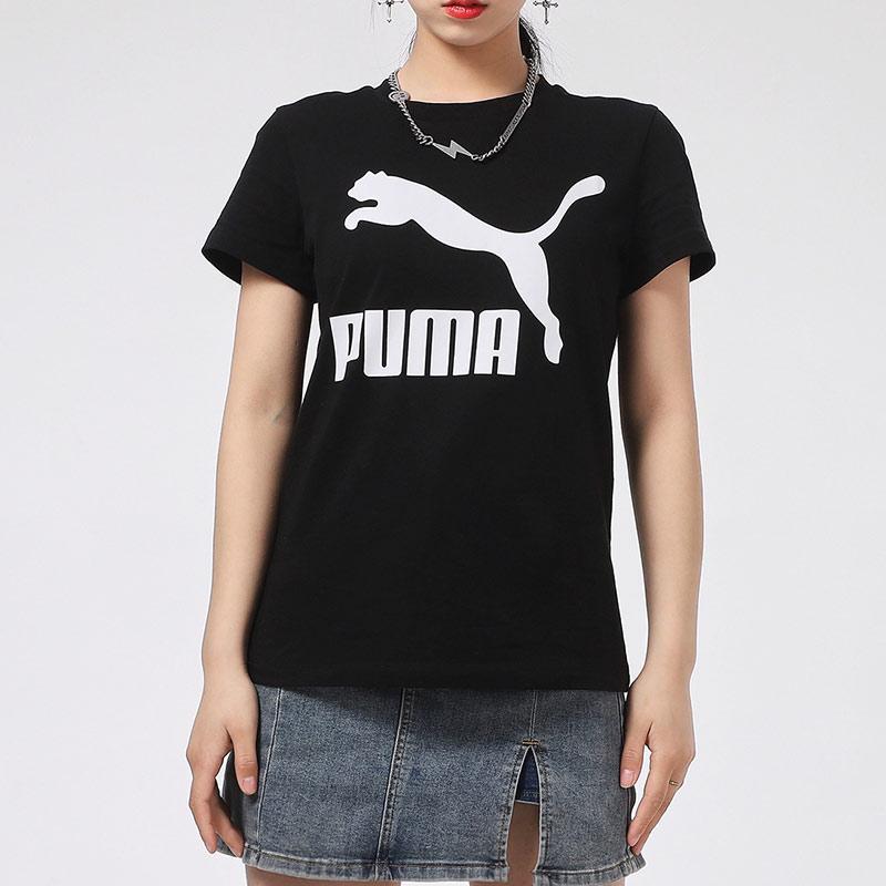 Puma Logo Print Sports Training Crew Neck T-Shirt Women Tops Black 532281-01