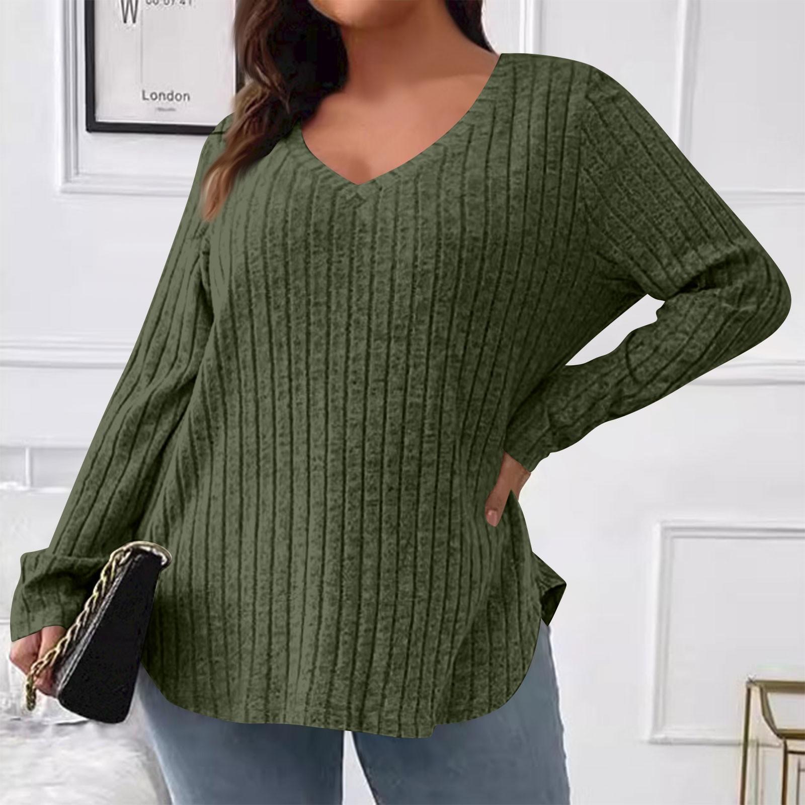 

Women s And Winter Solid Colour Plus Size Women s Tops V-Neck Long Sleeve Striped Milled Loose Pullover T-Shirt XXXXL