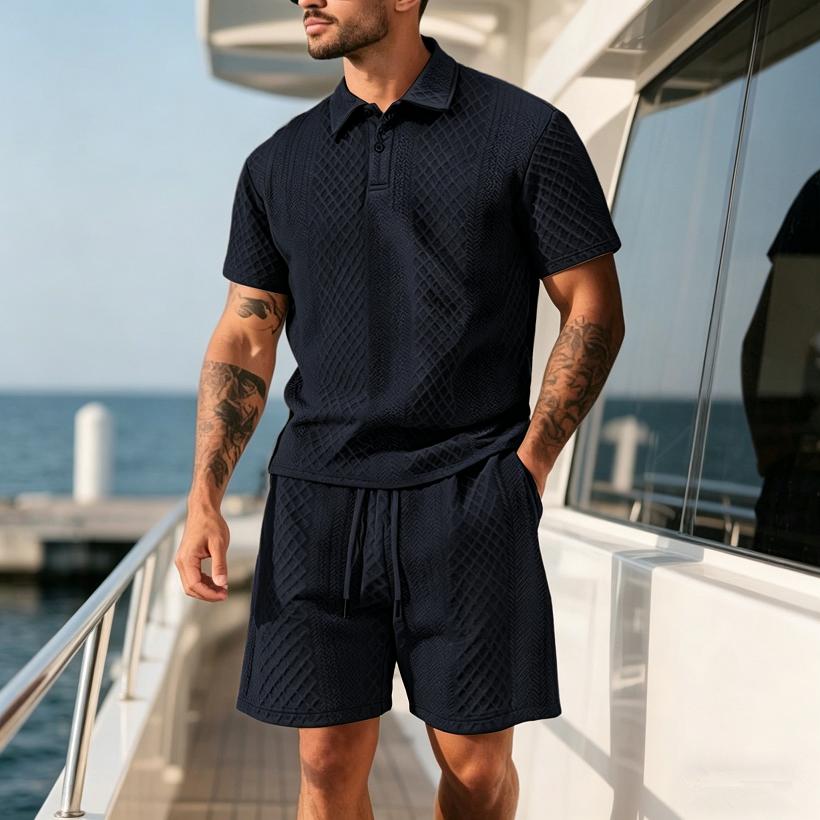 2026 Summer Fashion Sports Style Short Two Piece Set Men's Casual Solid Color Jacquard Short Sleeves Pullover POLO Shirt Shorts 2 Piece Sets
