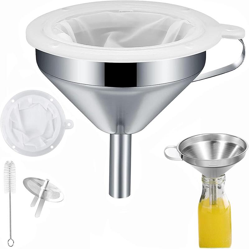 Stainless Steel Funnel Set with Handle Detachable Strainer and 200 Mesh Filter Kitchen Funnels Kit for Liquid Oils Powder Juice