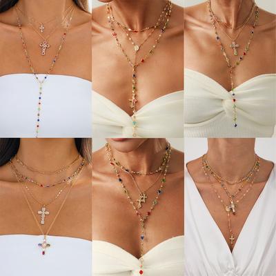 Fashion Y-shaped Tassel Necklaces Women Y2K Party Hiphop Punk Jewelry Multilayer Creative Colorful Crystal Cross Pendant Chain Necklace