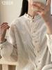 French Embroidered Stand-Up Collar Women's Shirt - Spring Style, Loose Fit, Hollow-Out Design, Long Sleeve Top