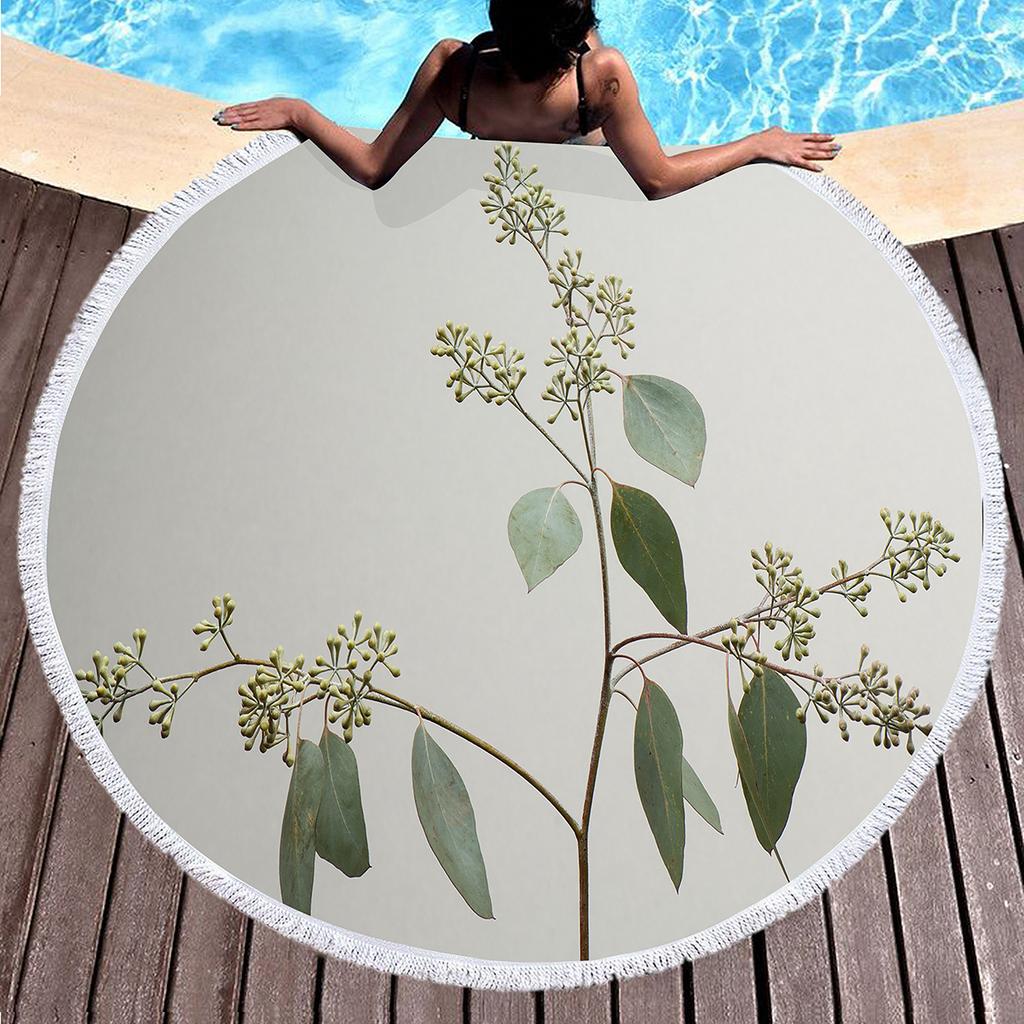 Summer Leaves Round Beach Towel Eucalyptus Leaf Garland Microfiber Beach Blanket Soft Absorbent Quick Dry Bath Towel Picnic Mat