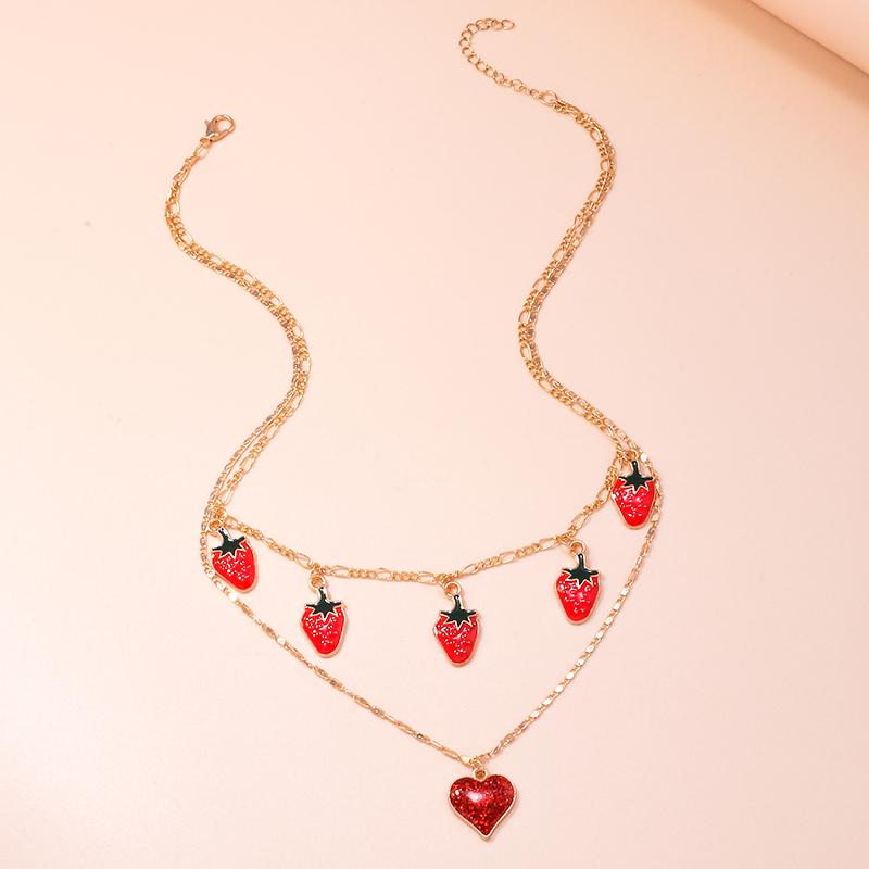Cute Love Heart Necklace Multilayer Fruit Cherry Necklace Pendants for Women Girls Party Jewelry Gifts