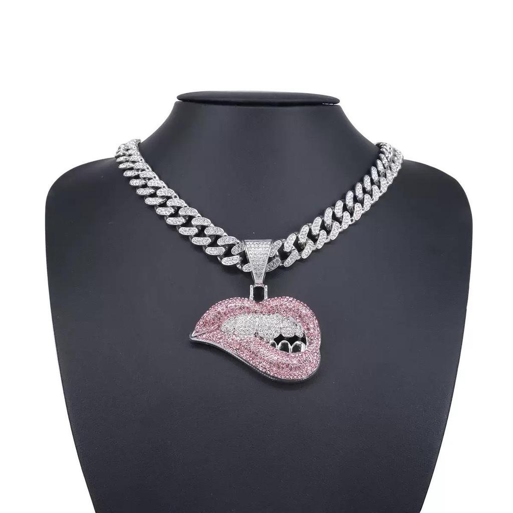 Colorful Diamond Biting Lips Pendant Necklace – Creative Hip Hop Cuban Chain