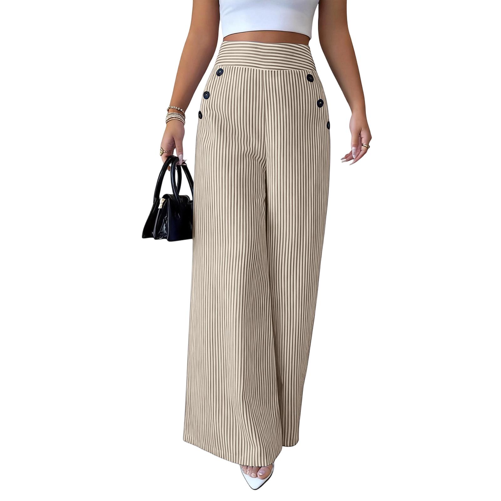 

High Waist Wide Leg Trousers with Button Detail Vertical Stripe Pattern Loose Fit Straight Cut Casual Pants for Women S