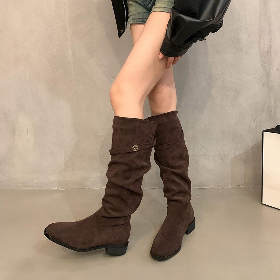 French Thick Heel Apricot Suede Piled Boots Women's Shoes 2025 New Spring and Autumn Winter Versatile Thin Long Boots