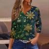Women's Fashion Casual Christmas Print V-Neck Button Three-Quarter Sleeve T-Shirt Top