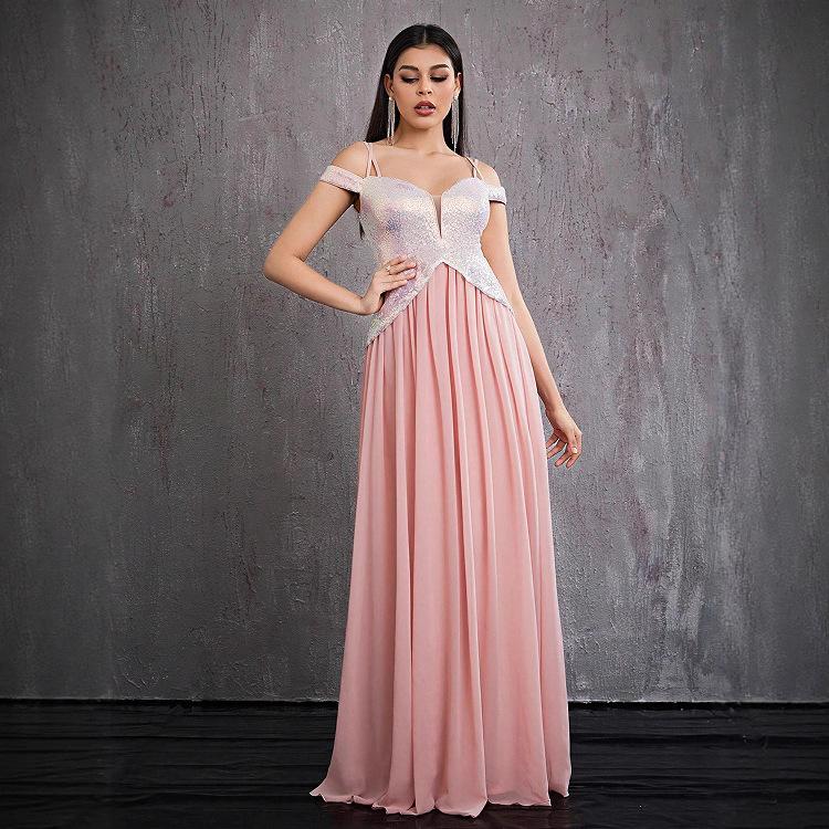 Summer European and American women's sleeveless one-word shoulder dress V-neck sequined celebrity temperament chiffon splicing evening dress