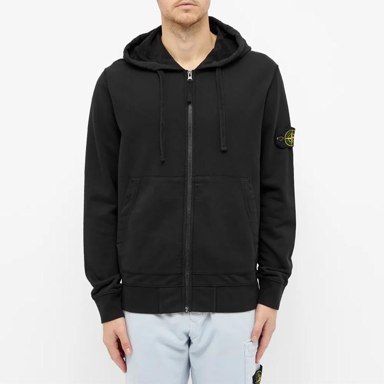 Stone Island Classic Solid Color Zip Hoodie With Badge Unisex Hoodies Black 721564251-V0029