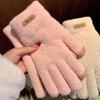 Ins Knitted Finger Gloves Women's Warm Thickened Fleece Antifreeze Solid Color Gloves Students