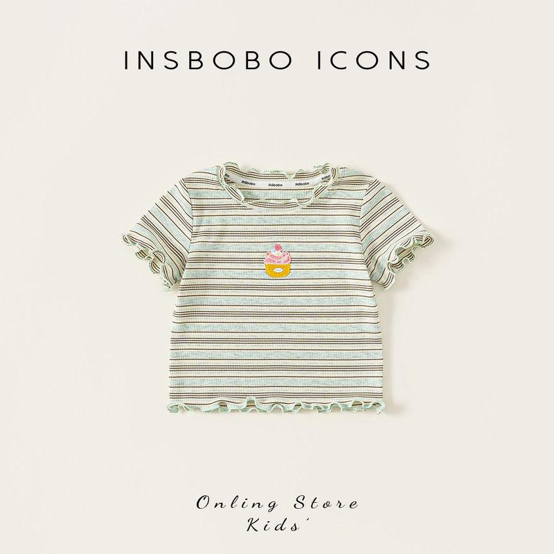 Insbobo Girls  Short-Sleeved Summer 2026 New Style Baby Girl T-Shirt Stylish Baby Knitted Top Summer Thin Clothing Green Stripes 140