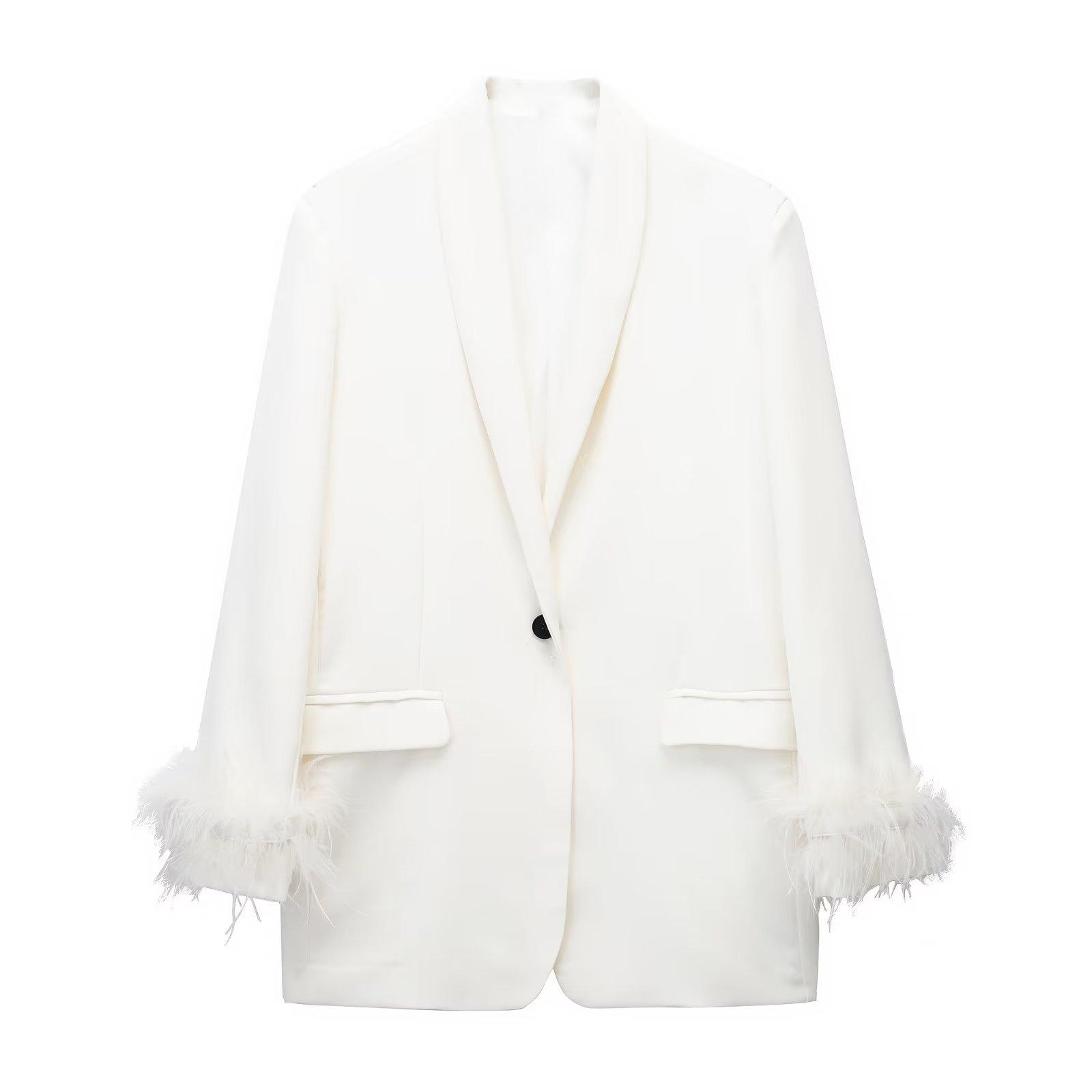 

Женская мода атласный черный с перьями пиджак пиджак винтажный вырез на одной пуговице длинные рукава женские наряды S бежевый