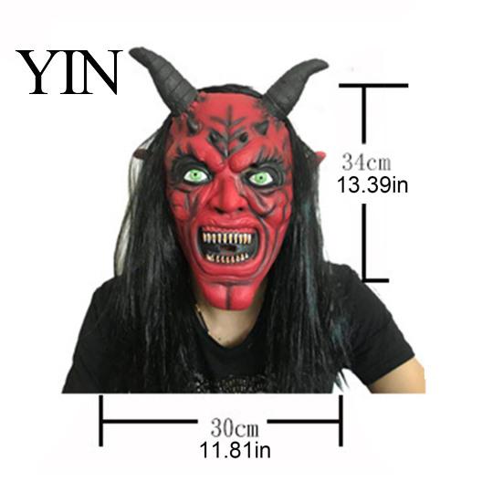 Spooky Halloween Cosplay Props Satan Devil Mask, Realistic Full Head Latex Costume with Long Evil Demon Mask for Horns And Fangs, Scary Party Haunted