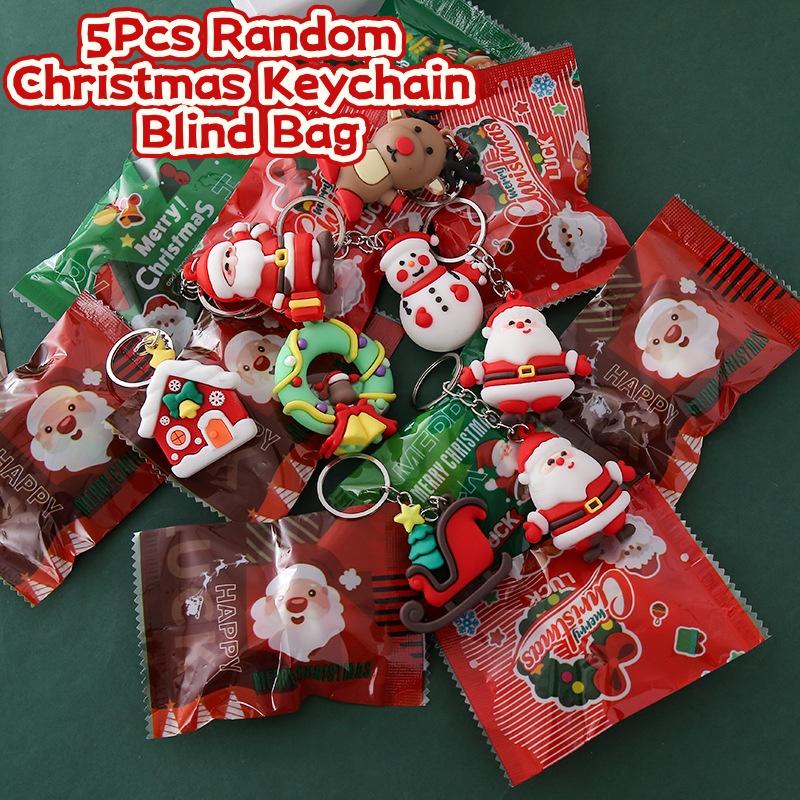 5Pcs Christmas Surprise Blind Bag Keychain Cartoon Santa Claus Snowman Tree Pendant Keyring Bag Hanging Decoration Festive Gift