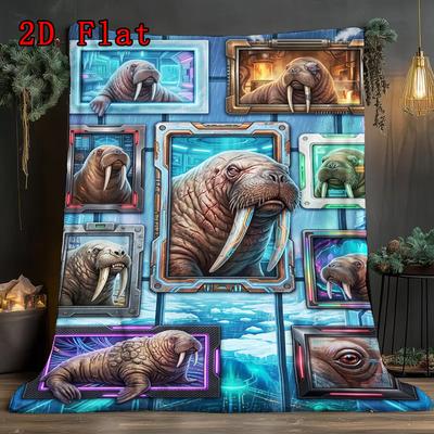 Cybernetic Walrus Portraits 2D Flat Pattern Flannel Blanket, High Quality All Seasons, Home Decor, Warmth and Comfort, Perfect for Christmas Gifts.